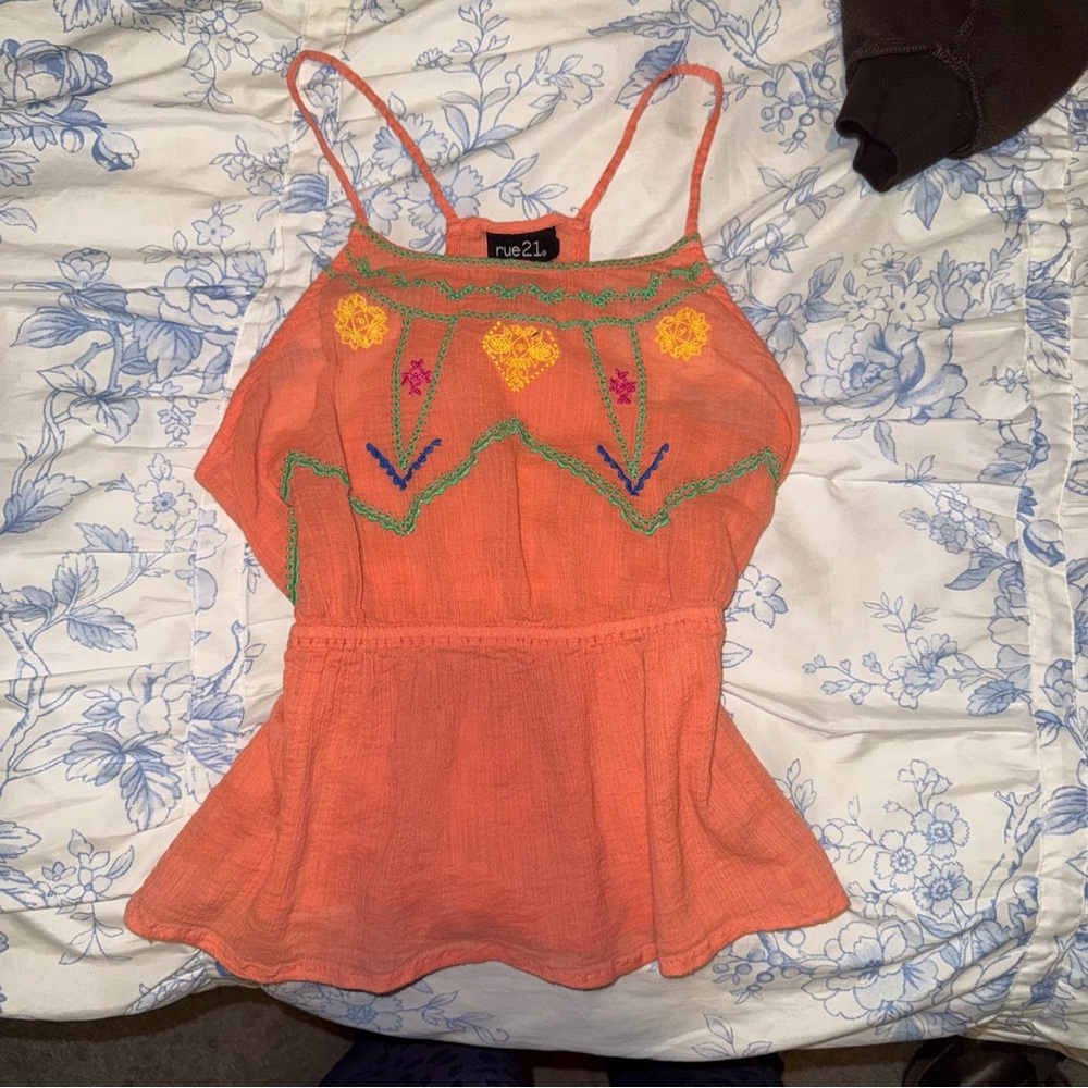 Rue21 Vibrant Orange Camisole with Floral Embroidery
